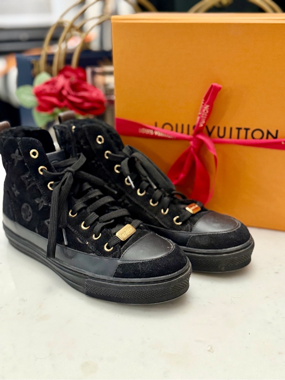 Louis Vuitton Black High-Top Suede & Patent Leather Sneakers with Gold Hardware